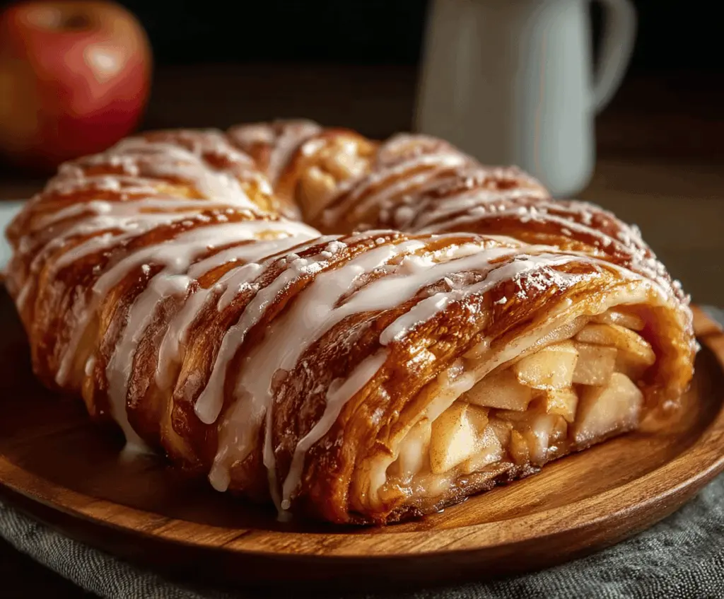 Delicious homemade Apple Kringle topped with a glossy vanilla glaze, showcasing flaky pastry filled with cinnamon-spiced apple filling
