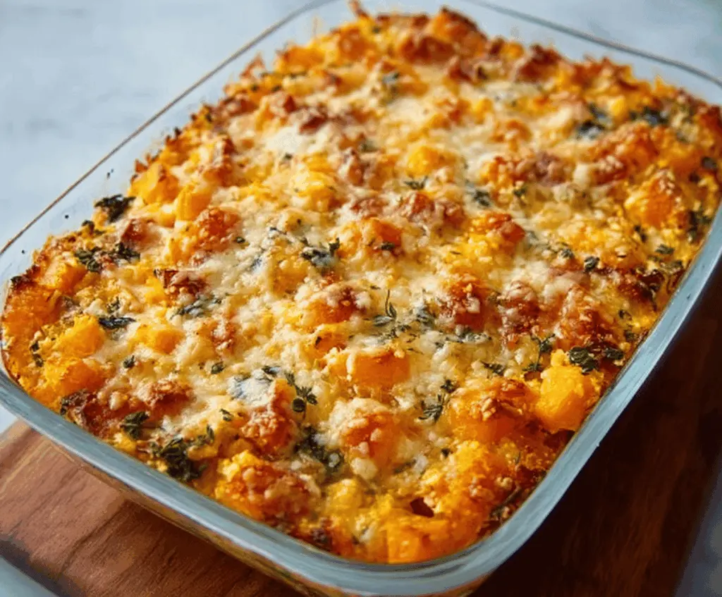 Delicious baked cheesy butternut squash casserole topped with golden melted cheese, perfect for holiday dinners and family gatherings.