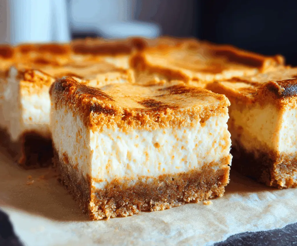 Delicious baked sweet potato cheesecake bars with a golden buttery crust, perfect for dessert lovers.
