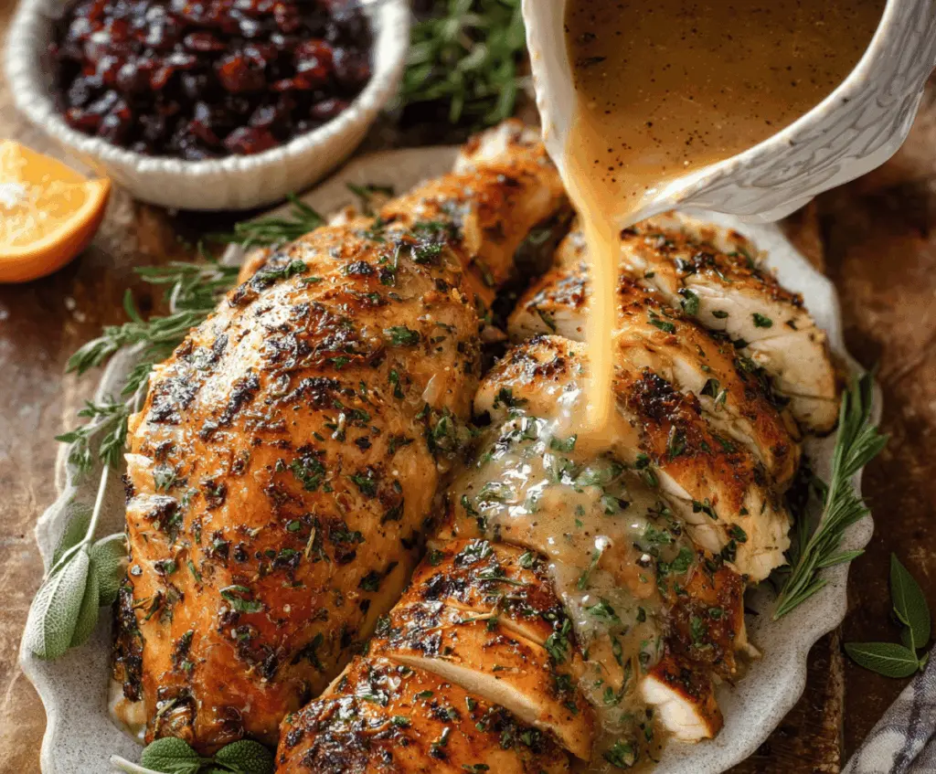 Creamy brown butter herb turkey gravy served over a roasted turkey, garnished with fresh herbs and rich in flavor.
