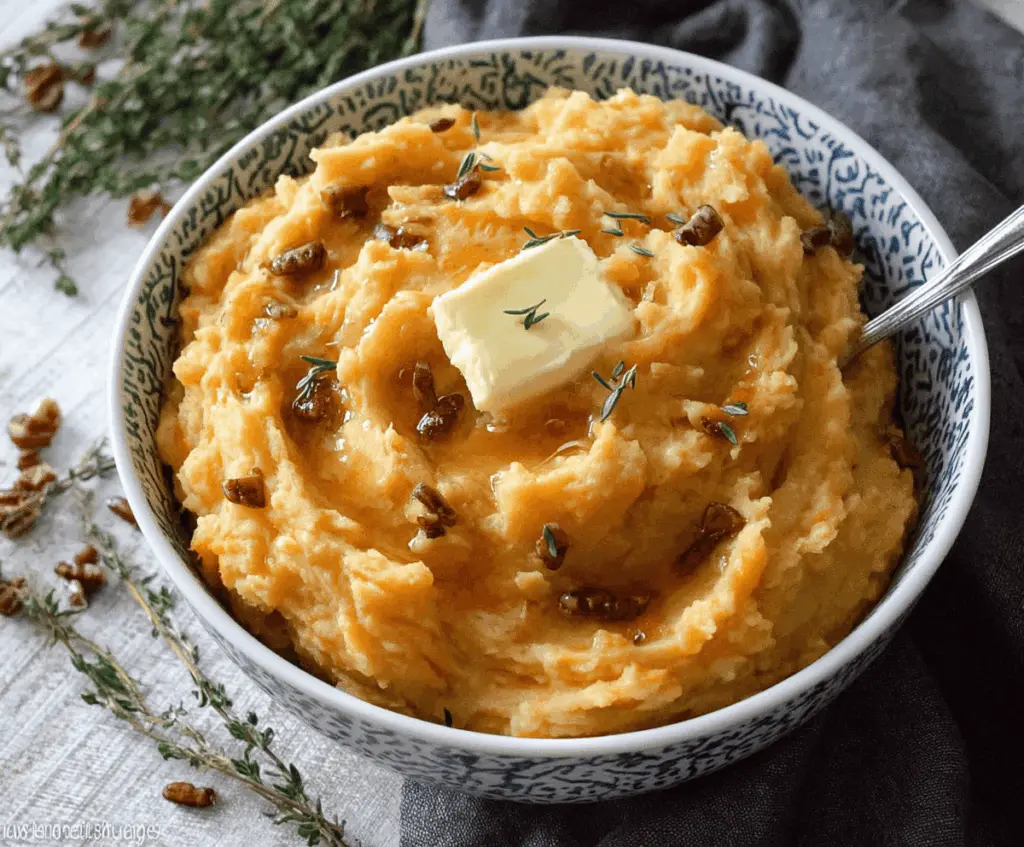Creamy brown butter mashed potatoes topped with fresh herbs, perfect for Thanksgiving dinner.