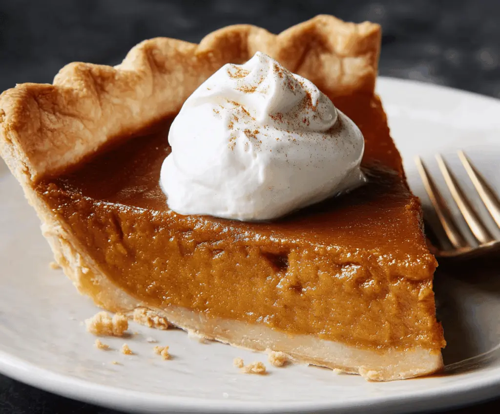 Classic pumpkin pie with a golden crust and whipped cream topping, perfect for fall desserts and holiday gatherings.