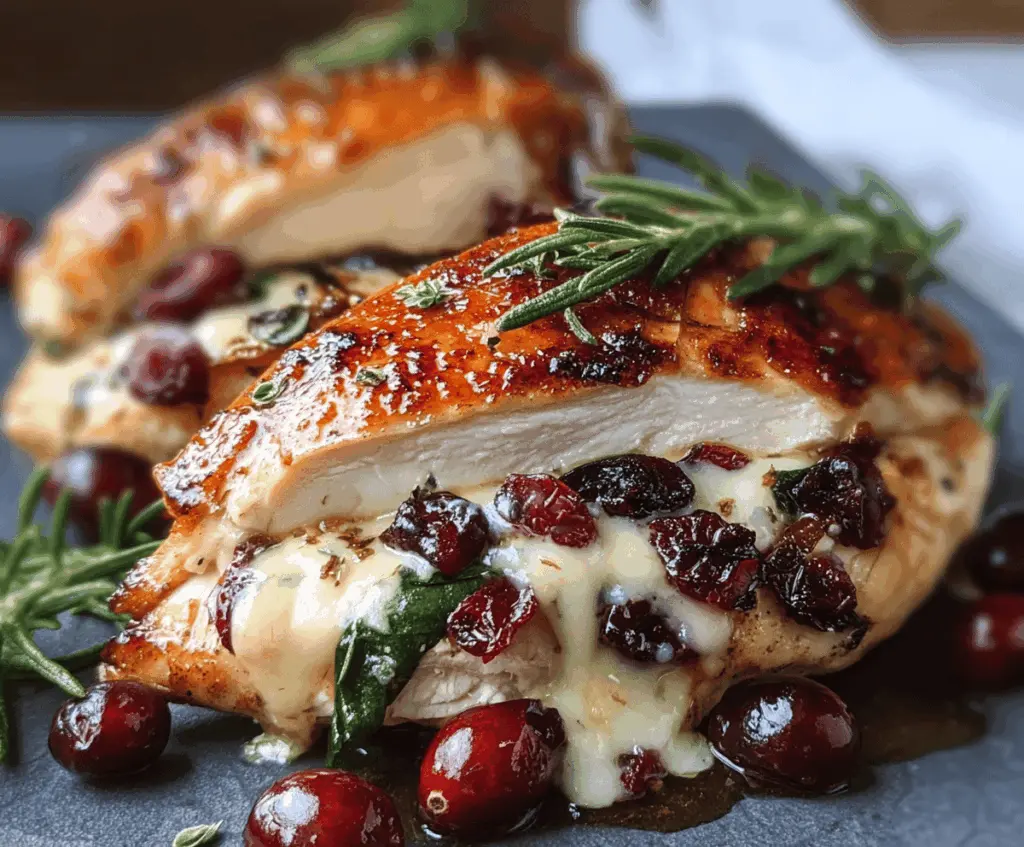 Juicy stuffed chicken breast filled with creamy Brie cheese and tangy cranberries, garnished with fresh herbs for a delicious Cranberry Brie Stuffed Chicken recipe.