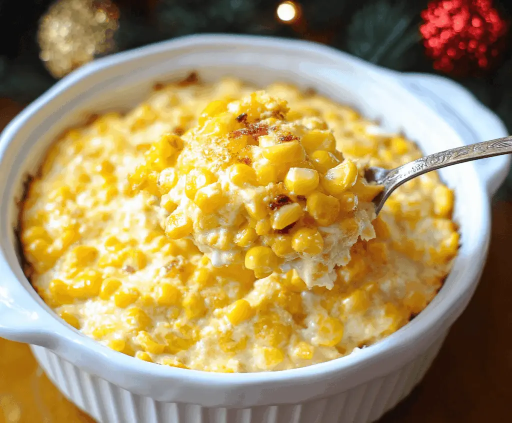 Delicious creamy corn casserole served as a classic Thanksgiving side dish, featuring a golden-brown topping and a rich, cheesy corn filling.