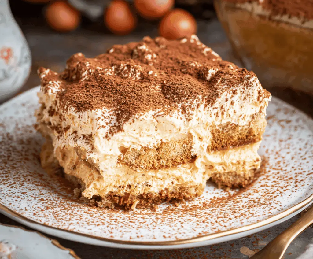 Delicious creamy pumpkin spice tiramisu layered with mascarpone cheese, pumpkin puree, and spiced ladyfingers, garnished with cinnamon for a fall-inspired dessert