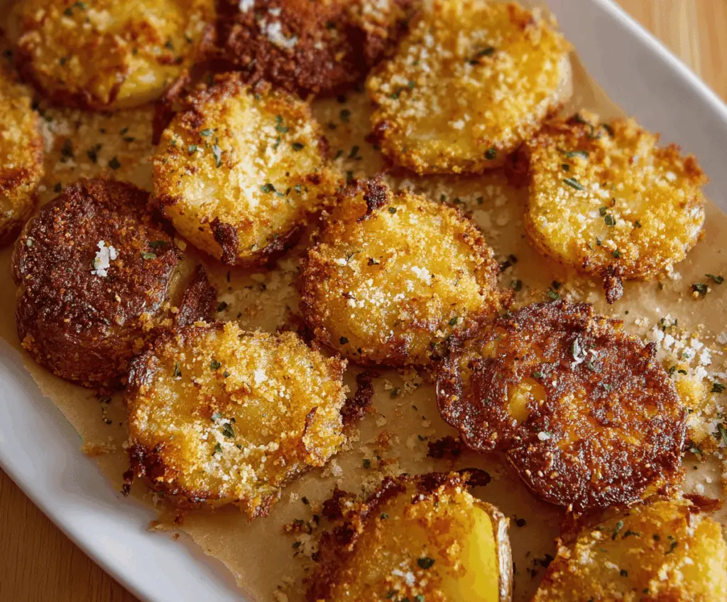 Golden crispy Parmesan smashed potatoes garnished with fresh herbs, perfect for a flavorful side dish
