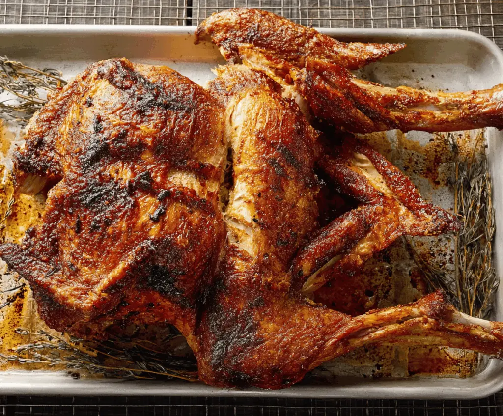 Juicy and crispy spatchcock turkey roasted for Thanksgiving dinner, featuring golden-brown skin and tender meat, perfect for holiday celebrations.