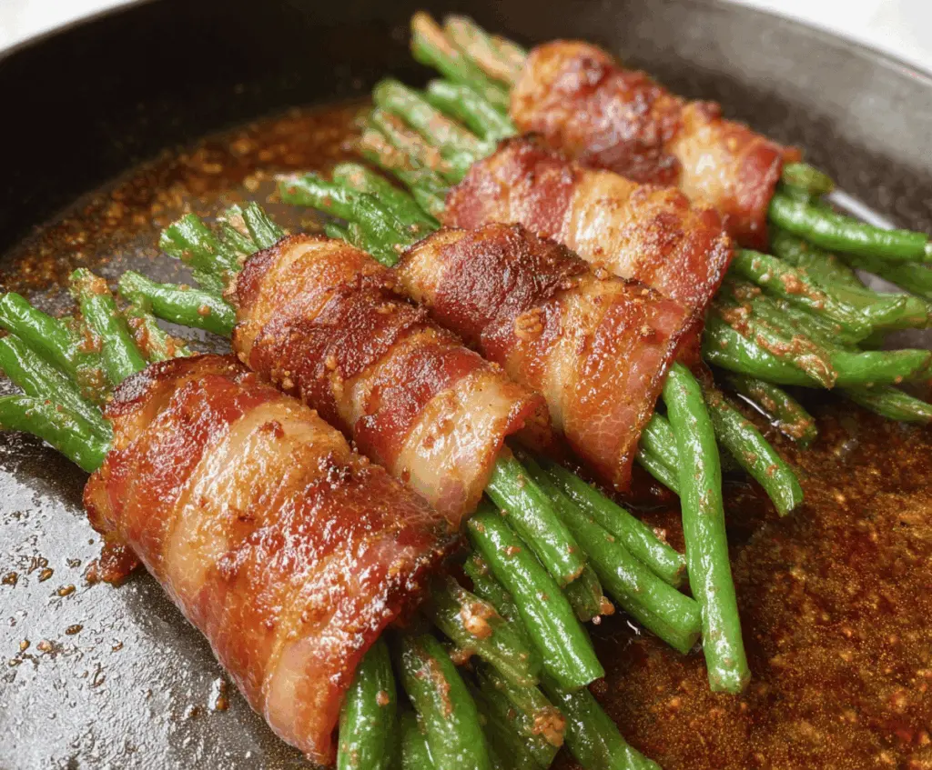 Delicious bacon-wrapped green bean bundles on a white plate, perfect for appetizers or side dishes.