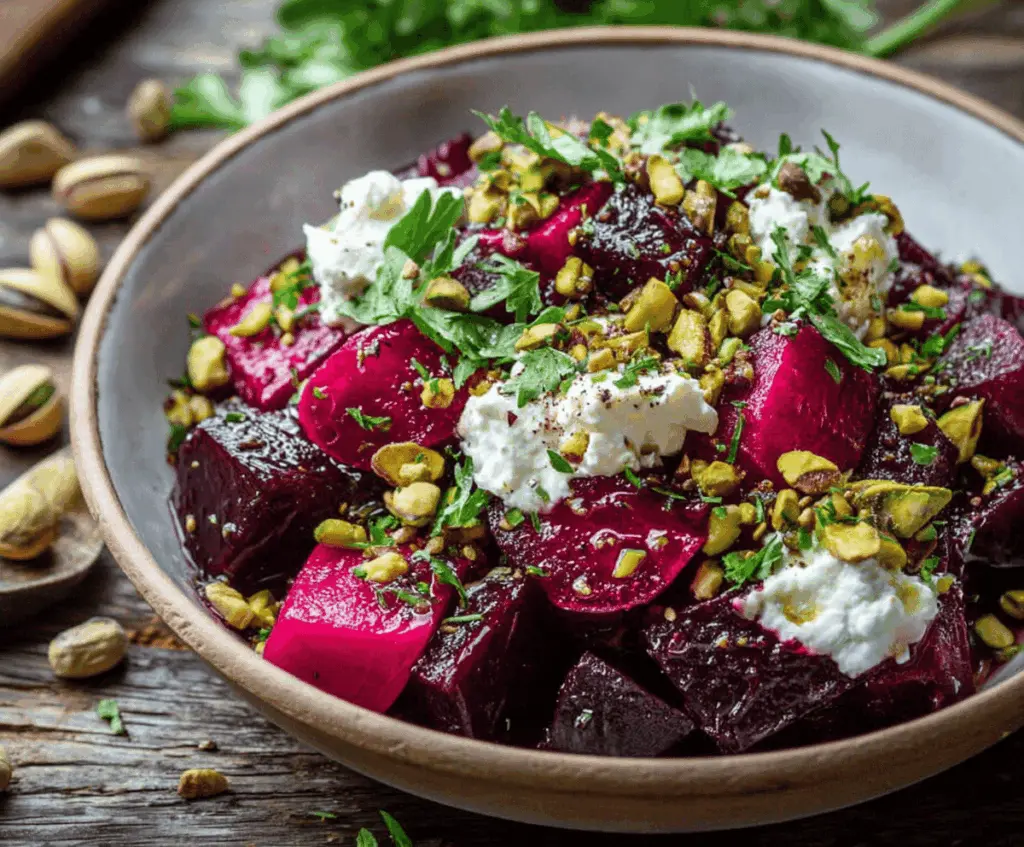 Fresh Easy Beet Feta Pistachios Salad with vibrant vegetables and crumbled cheese for a healthy meal.
