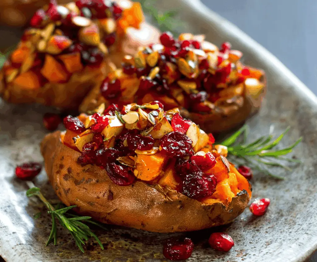 Baked sweet potatoes topped with fresh cranberries and chopped apples for a festive twist.