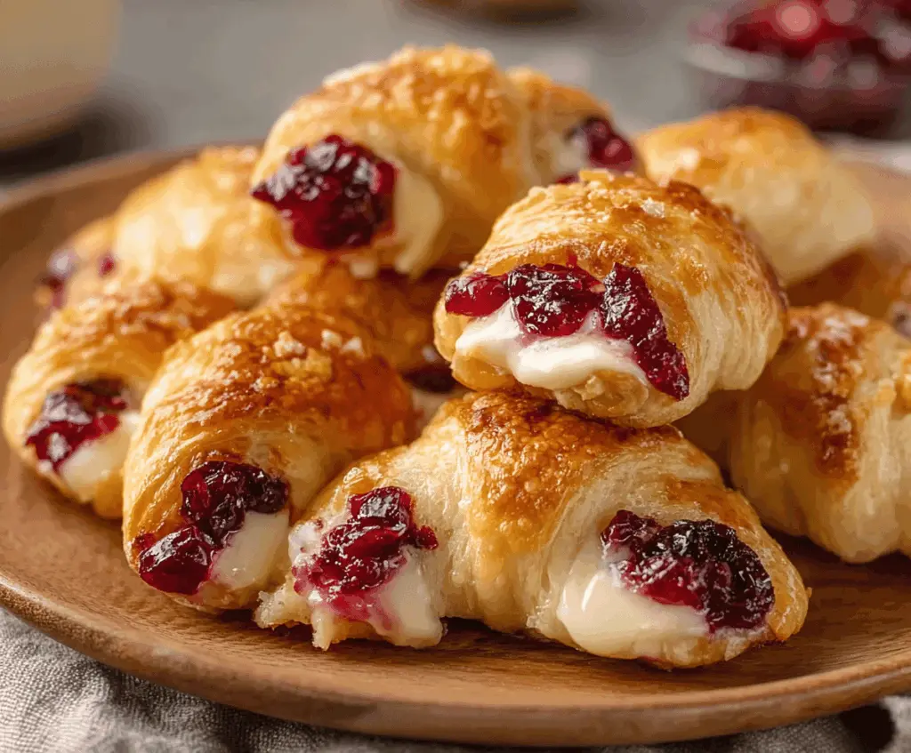 Easy cranberry and cream cheese crescent bites on a serving platter with fresh cranberries and herbs