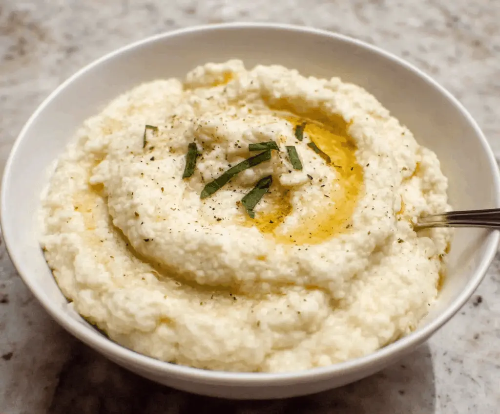 Creamy garlic mashed cauliflower served as a healthy low-carb side dish.