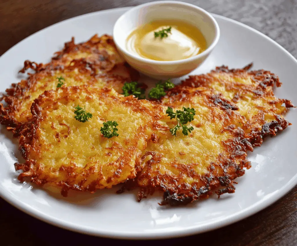 Golden crispy German Potato Pancakes served with applesauce, topped with fresh herbs, on a rustic plate.