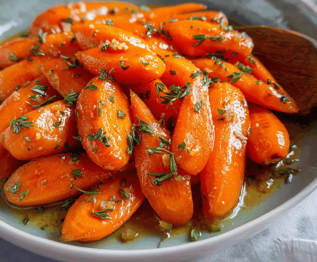 Delicious glazed carrots garnished with fresh herbs on a white plate, perfect for a flavorful side dish.