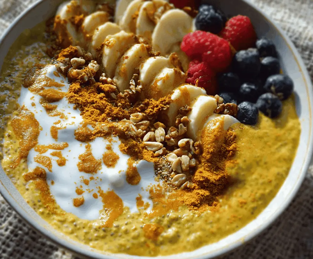 Creamy Golden Milk Chia Breakfast Bowl topped with fresh fruit and nuts, featuring vibrant turmeric-infused chia pudding for a healthy, energizing start to your day.