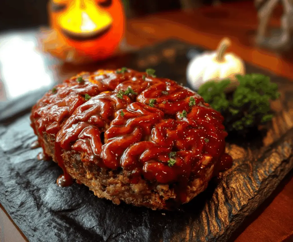 Spooky Halloween Brain Meatloaf decorated to resemble a brain for a festive themed dinner recipe