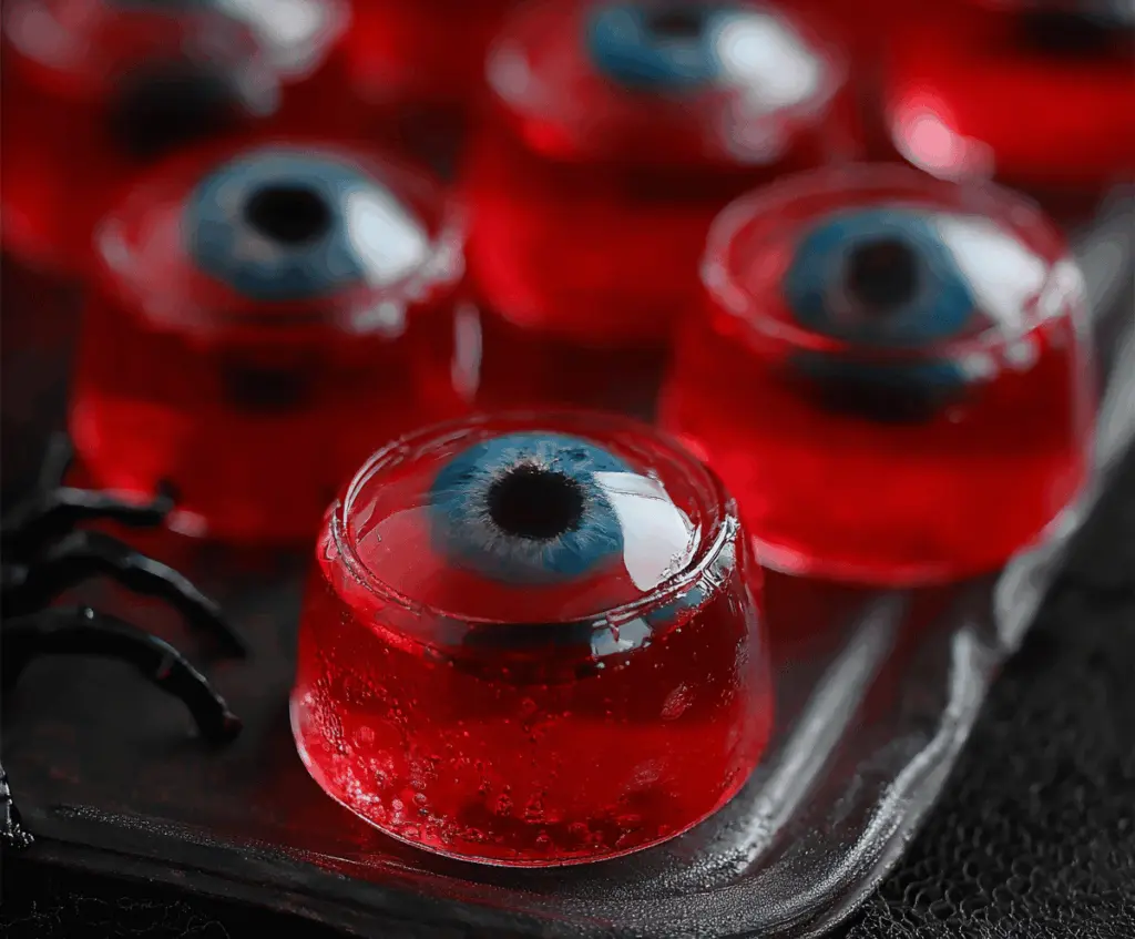 Colorful Halloween Eyeball Jello Shots with realistic eyeball decorations for a spooky party treat