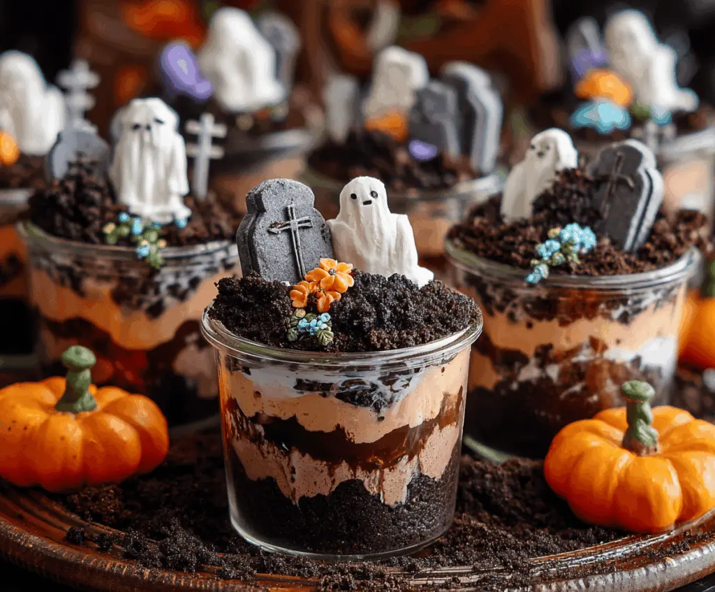 A spooky Halloween Graveyard Dirt Cup dessert with chocolate pudding, crushed cookies, gummy worms, and Halloween-themed decorations on a spooky themed plate.
