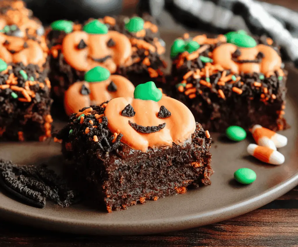 Delicious Halloween Pumpkin Patch Brownies decorated with orange icing, candy pumpkins, and spooky Halloween-themed toppings on a festive plate.