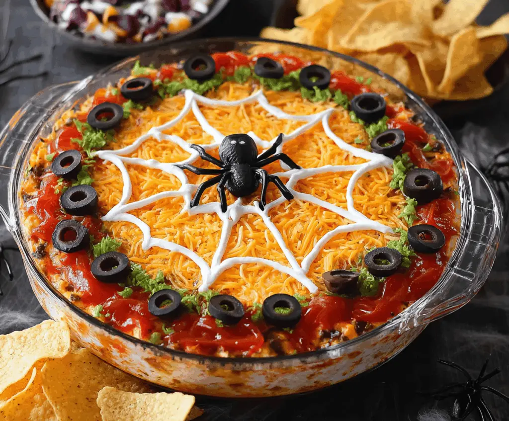Colorful Halloween Spiderweb Layered Taco Dip with salsa, sour cream, cheese, and black olives on a festive platter for spooky party snacks