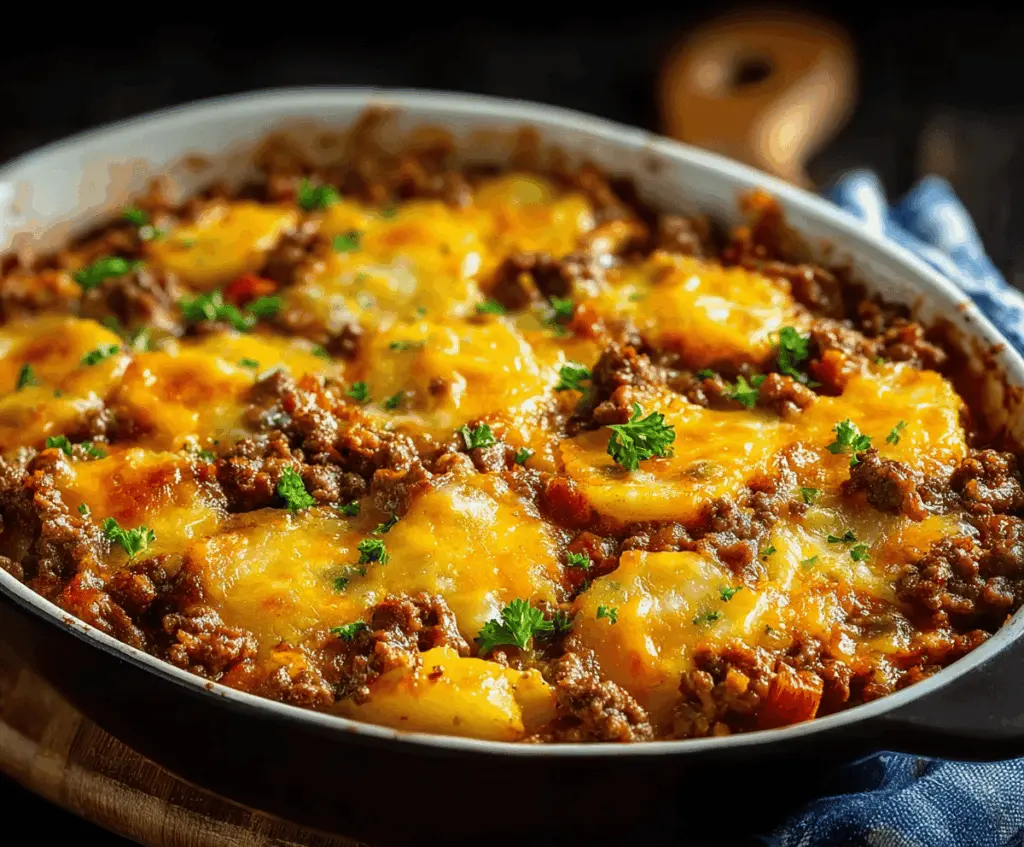 Delicious Hobo Casserole with Ground Beef in a baking dish, featuring colorful vegetables and melted cheese, perfect for a hearty and easy family dinner