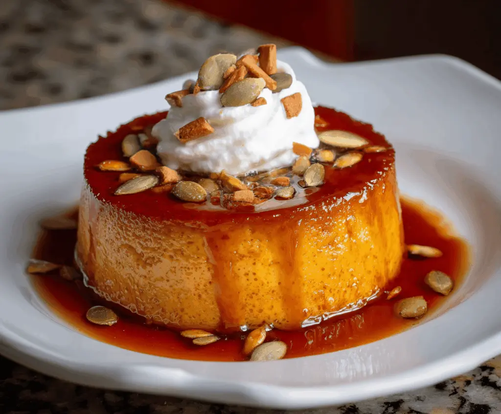 Creamy homemade pumpkin flan topped with caramel sauce and cinnamon, served in a ramekin for a delicious fall dessert.