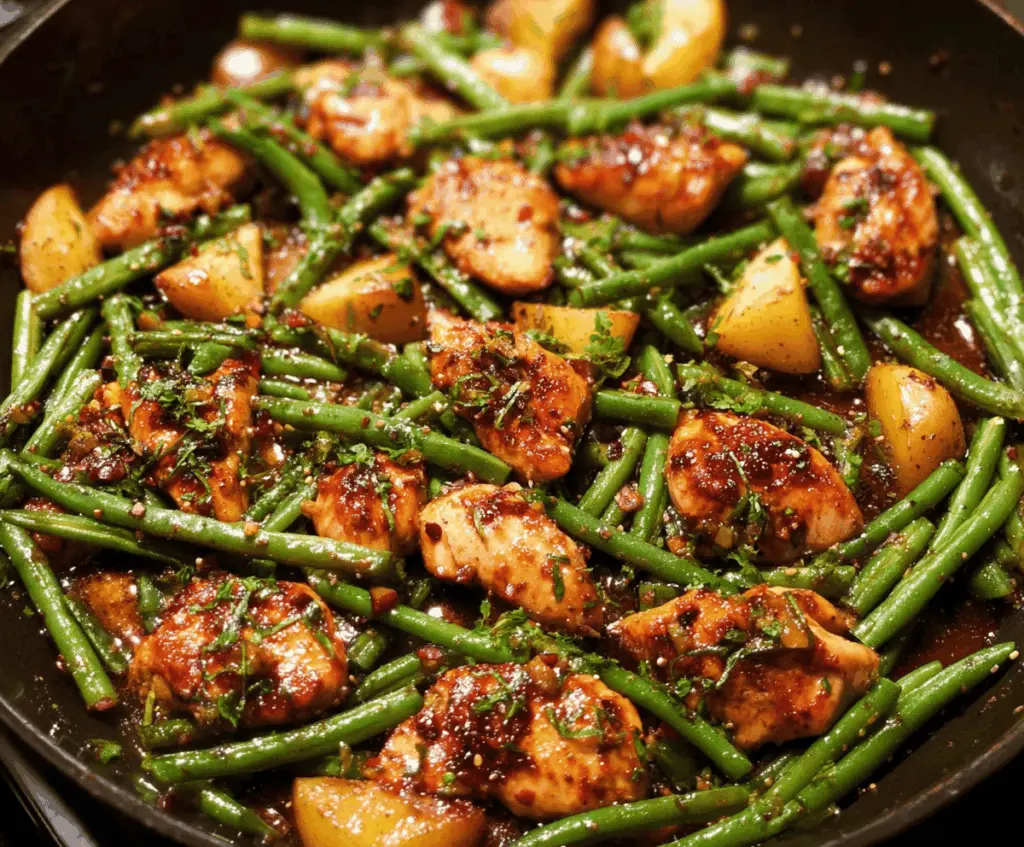 Honey garlic chicken and green bean stir-fry served on a plate with vibrant vegetables and tender chicken pieces, perfect for a healthy, flavorful meal.