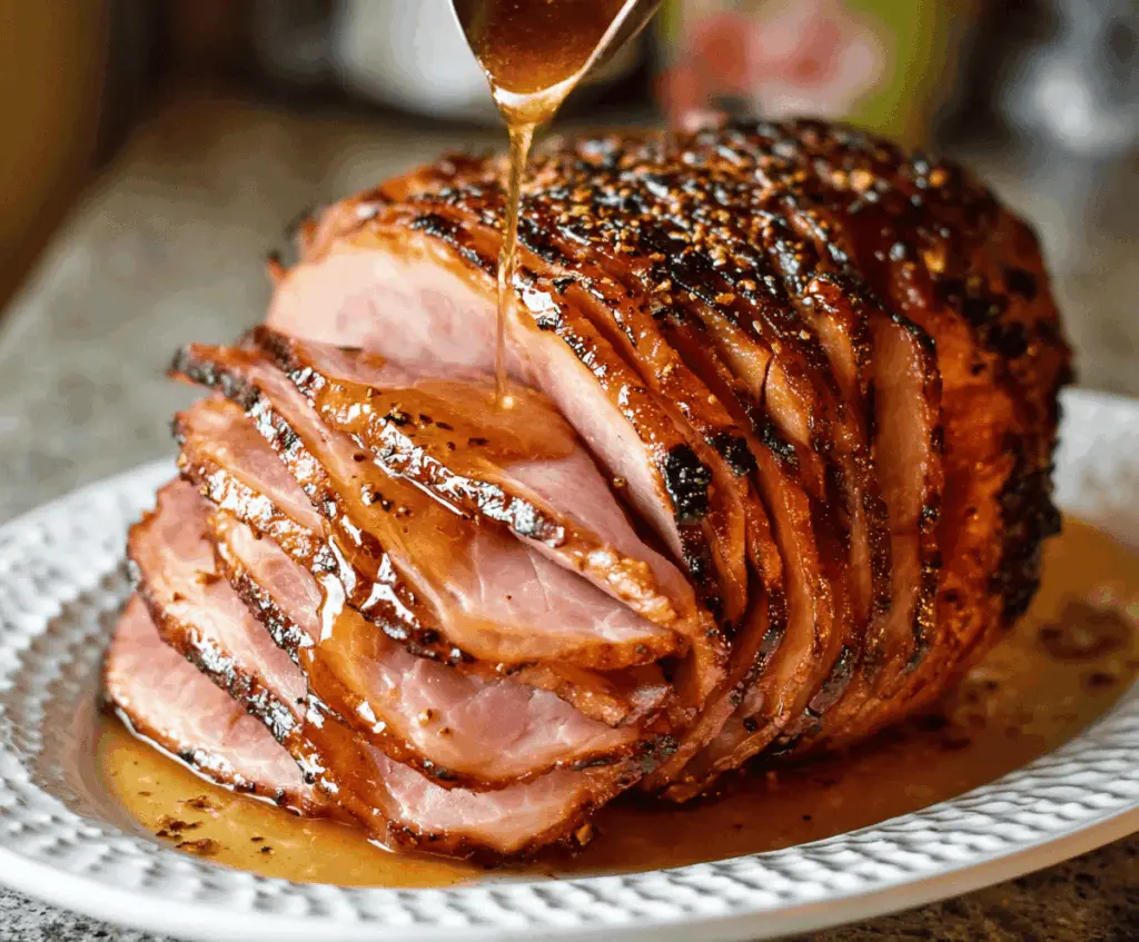 Delicious Honey-Garlic Spiral Ham glazed with honey and garlic, ready for a festive meal