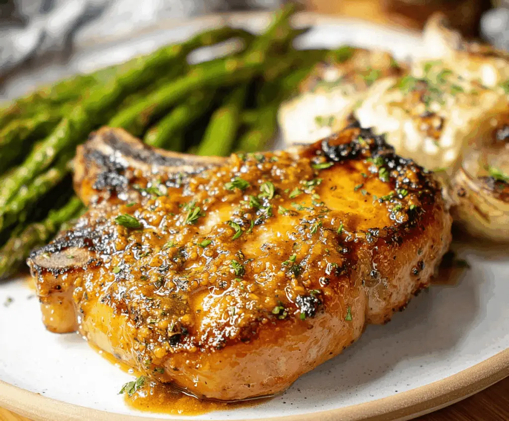 Juicy honey mustard glazed pork chops served with fresh herbs on a rustic plate.