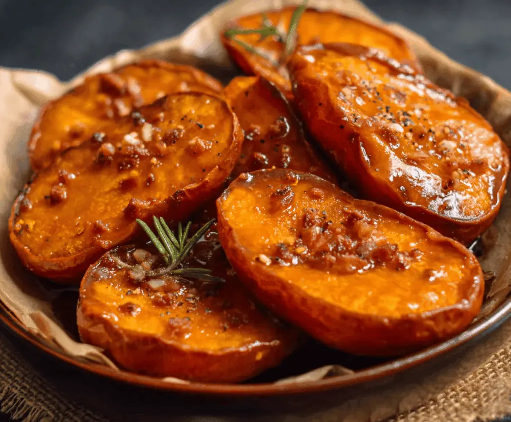 Delicious melt-in-your-mouth sweet potatoes baked to perfection, showcasing a golden, caramelized exterior.