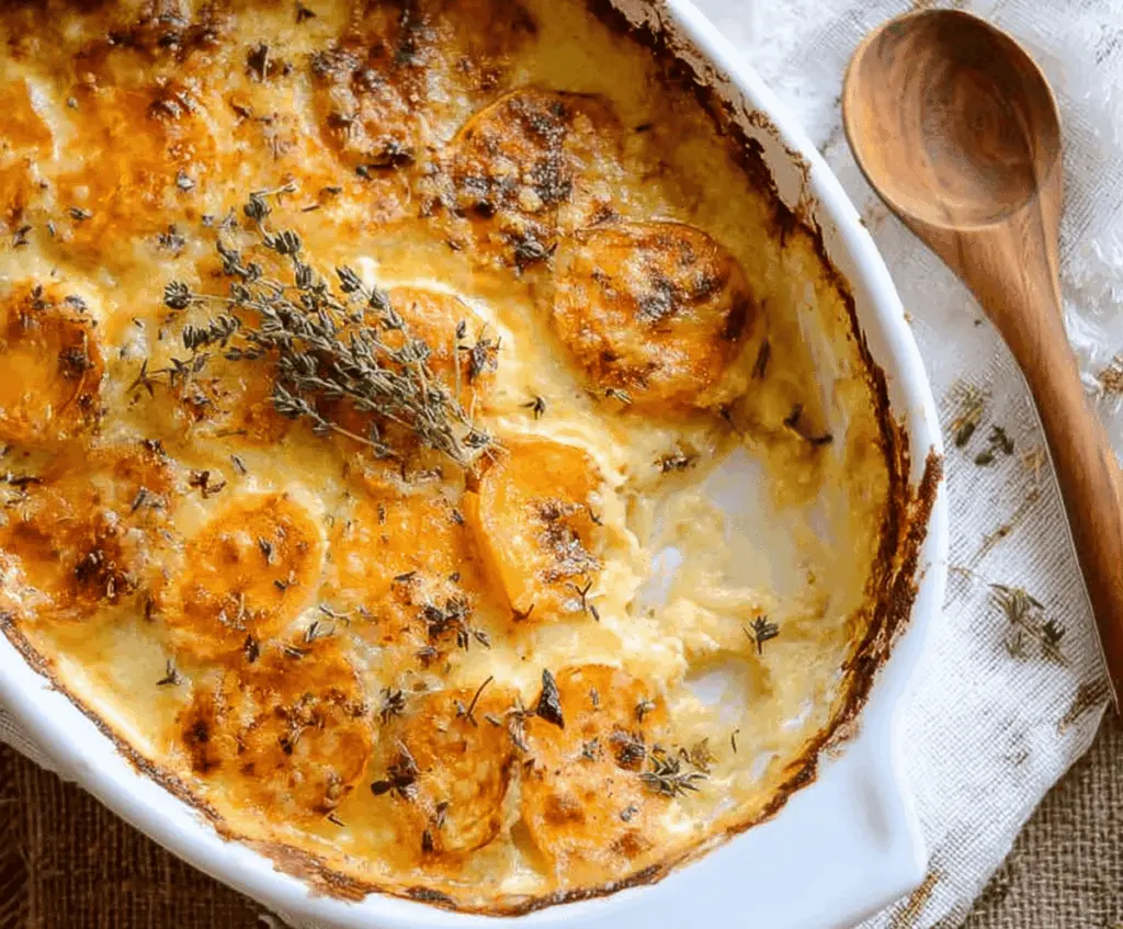 Delicious sweet potato gratin baked with creamy sauce and fresh thyme garnish.