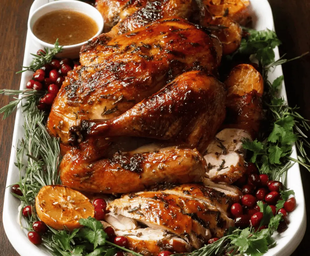 Juicy brined roast turkey garnished with herbs and served on a platter, perfect for holiday feasts
