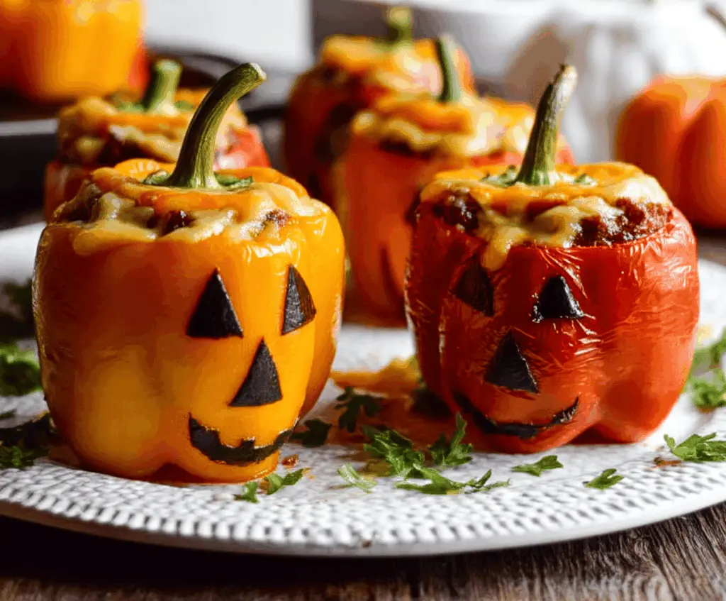 Mini Jack-O’-Lantern Stuffed Peppers filled with colorful ingredients, perfect for Halloween party appetizers