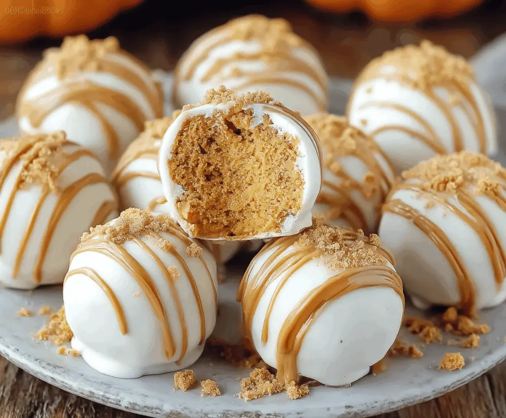 Creamy no-bake pumpkin cheesecake balls garnished with crushed graham crackers and cinnamon on a white plate, perfect for fall desserts