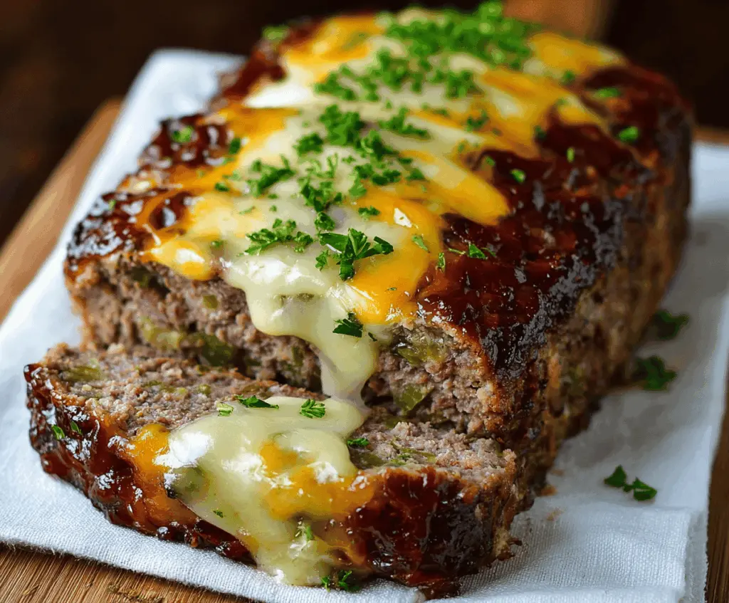 Delicious Philly Cheesesteak Meatloaf topped with melted cheese and grilled onions, showcasing the perfect fusion of steak and comfort food.