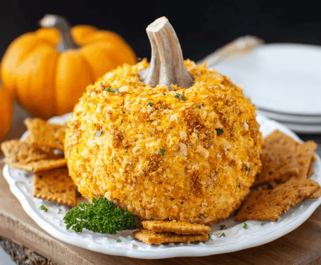Creamy pumpkin cheese ball decorated with herbs and crackers, perfect for fall parties and holiday appetizers.