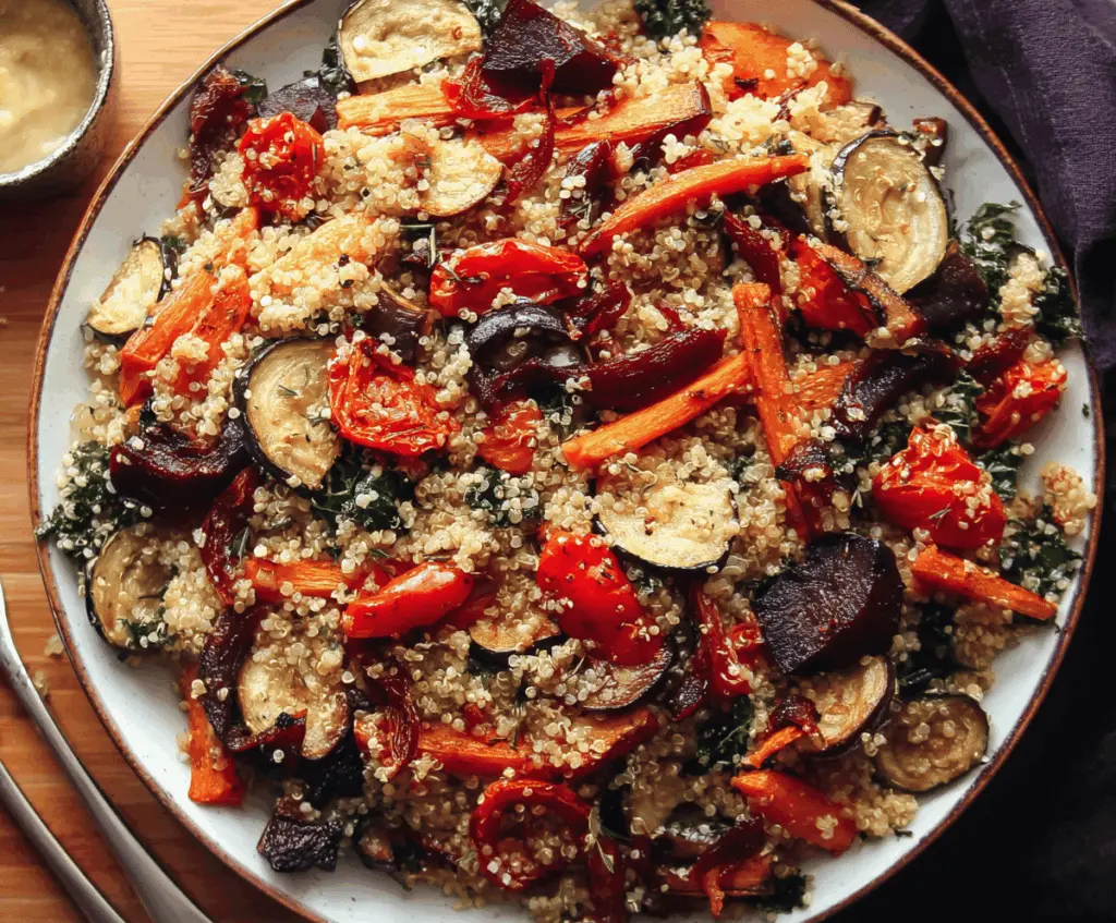 Colorful quinoa salad with roasted vegetables, fresh herbs, and a light dressing, perfect for a healthy meal.