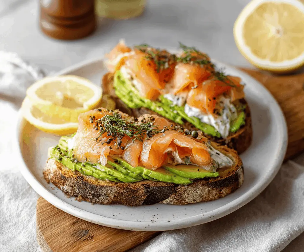 Delicious salmon and avocado toast topped with fresh herbs on whole-grain bread, perfect for a healthy breakfast or brunch