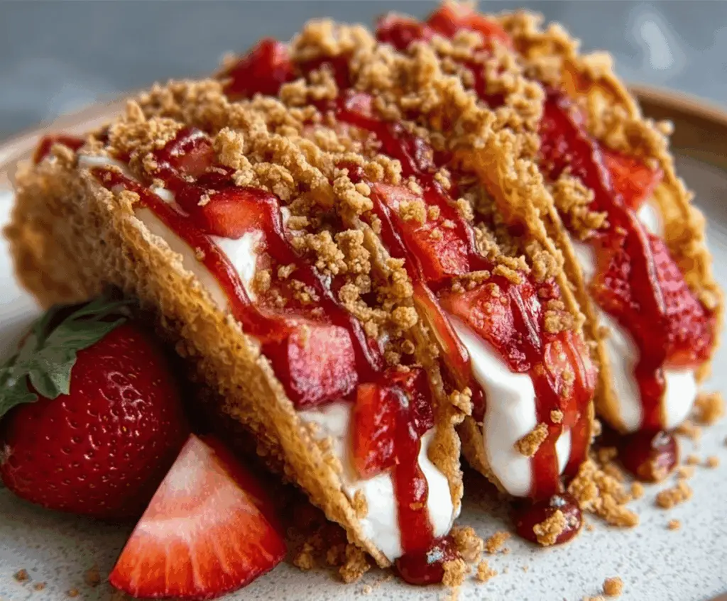 Delicious strawberry crunch cheesecake tacos topped with fresh strawberries and crunchy crumb topping, perfect for dessert or special occasions.