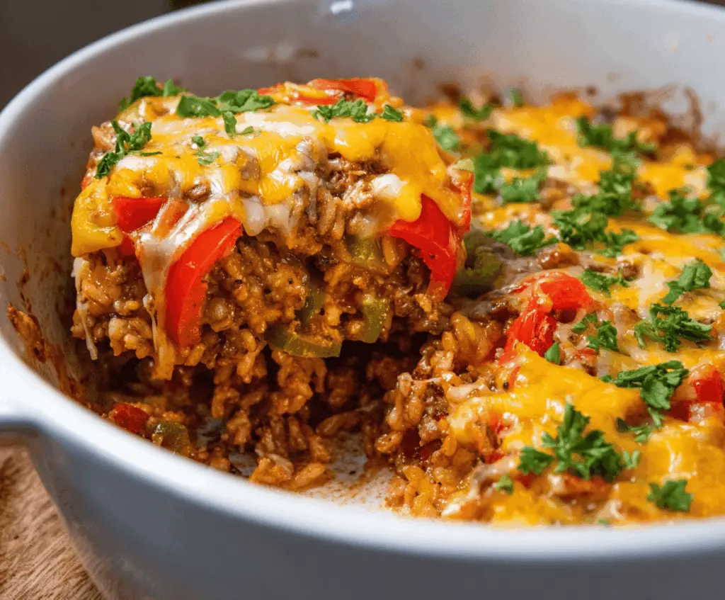 Delicious stuffed pepper casserole topped with melted cheese, featuring colorful bell peppers, ground meat, and savory spices in a baked dish.