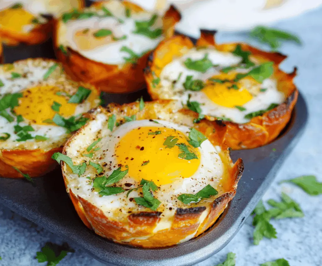 Baked sweet potato egg cups in a muffin tin, perfect for a healthy breakfast.