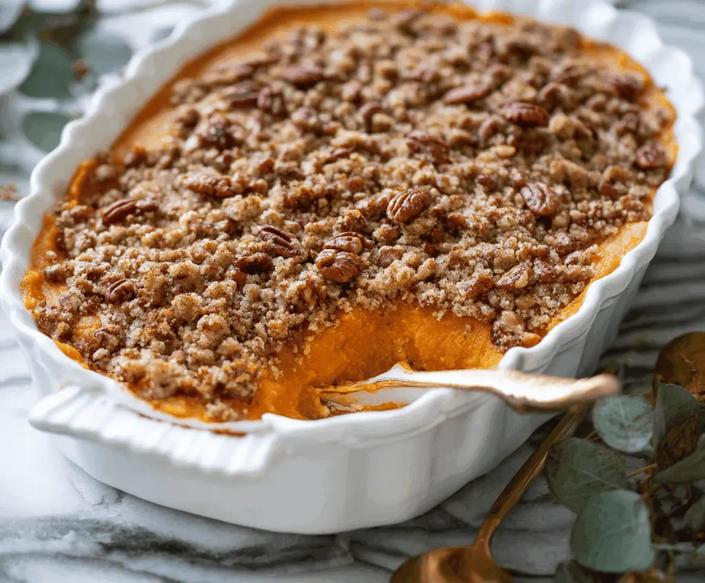 Delicious sweet potato casserole topped with crunchy pecan streusel, perfect for Thanksgiving dessert or side dish