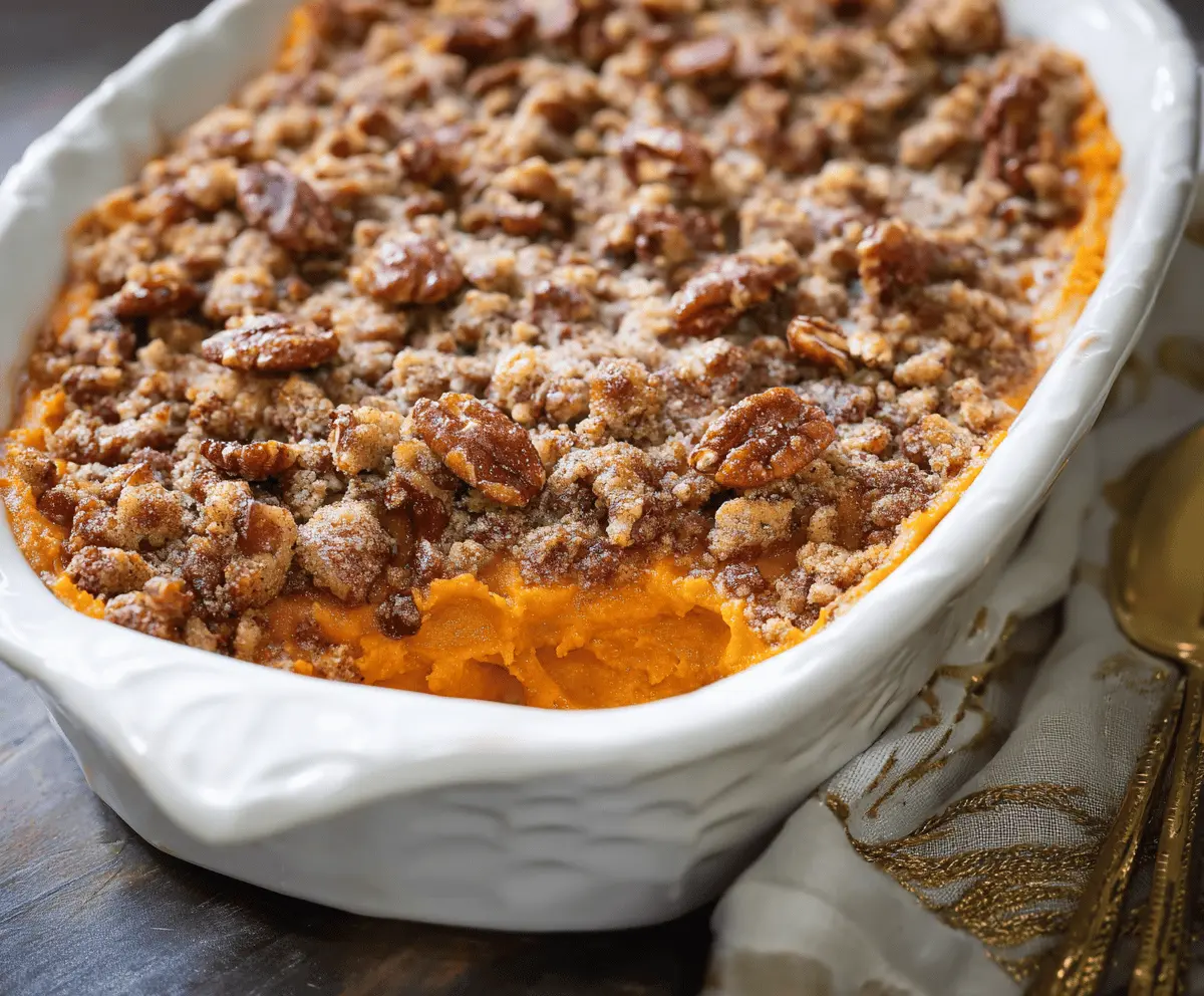 Easy Sweet Potato Casserole with Crunchy Pecan Streusel for Thanksgiving