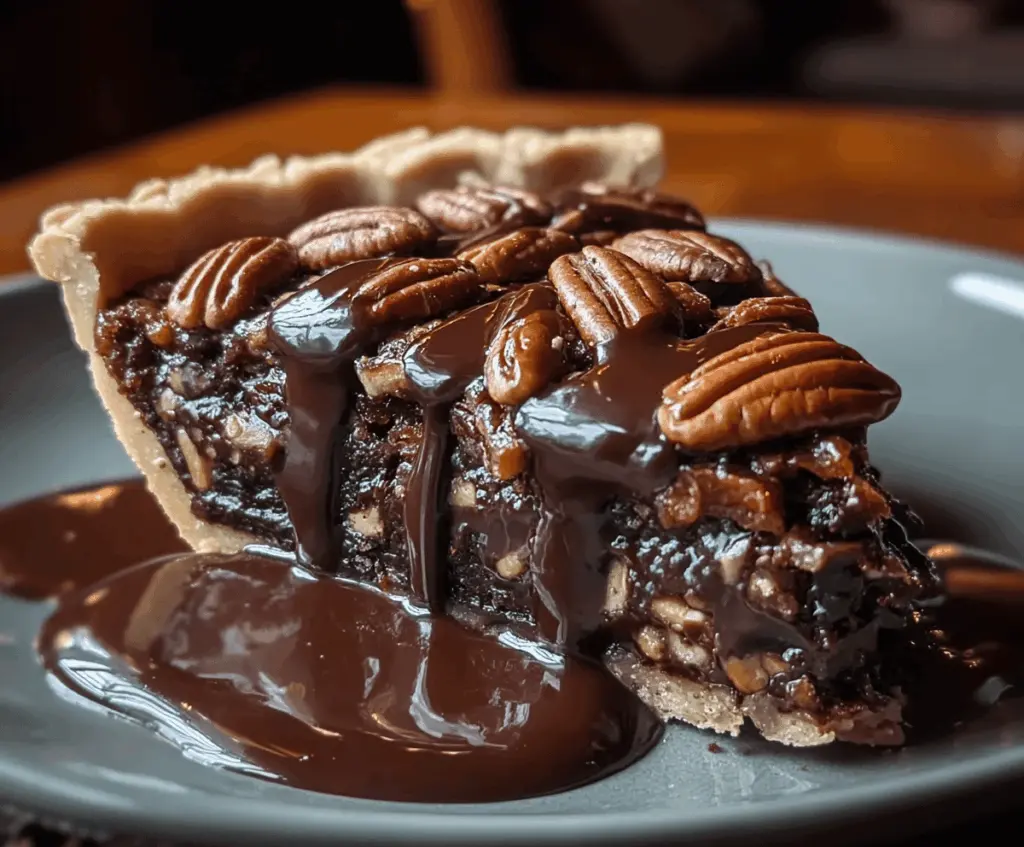 Delicious slice of Texas Chocolate Pecan Pie topped with whipped cream and chocolate shavings, served on a rustic plate