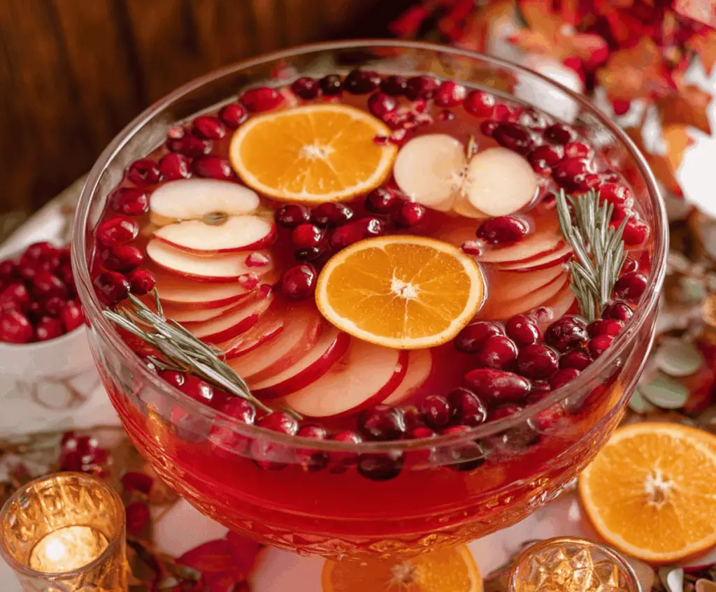 Colorful Thanksgiving Punch in a clear glass pitcher with fresh fruit garnishes, perfect for holiday celebrations