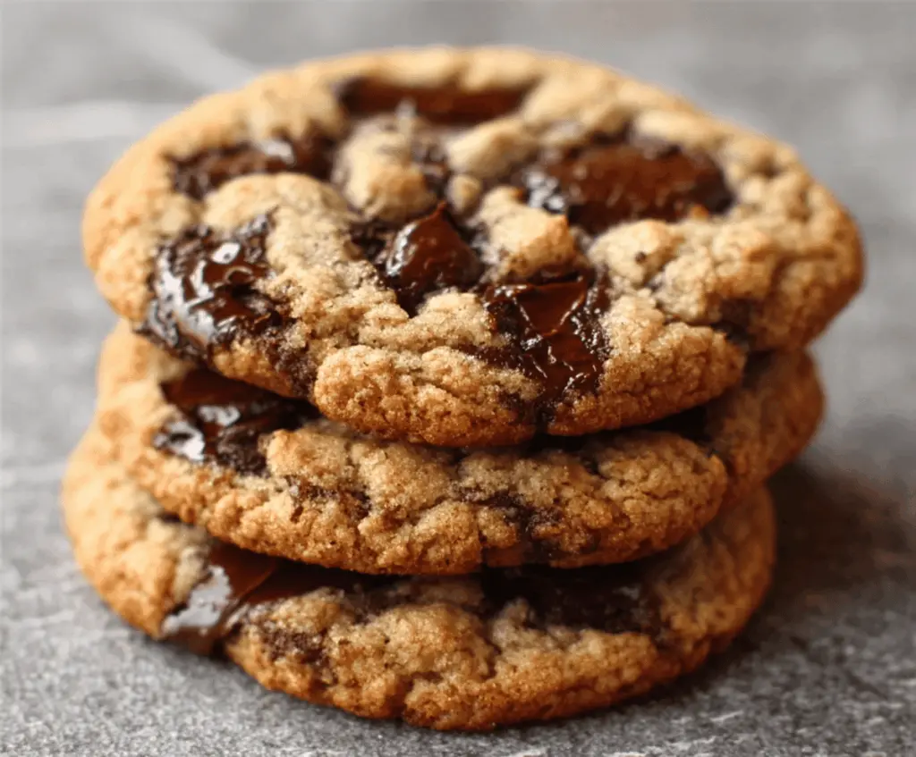 Delicious homemade chocolate chip cookies on a baking sheet, showcasing golden-brown edges and melty chocolate chips, perfect for any dessert lover