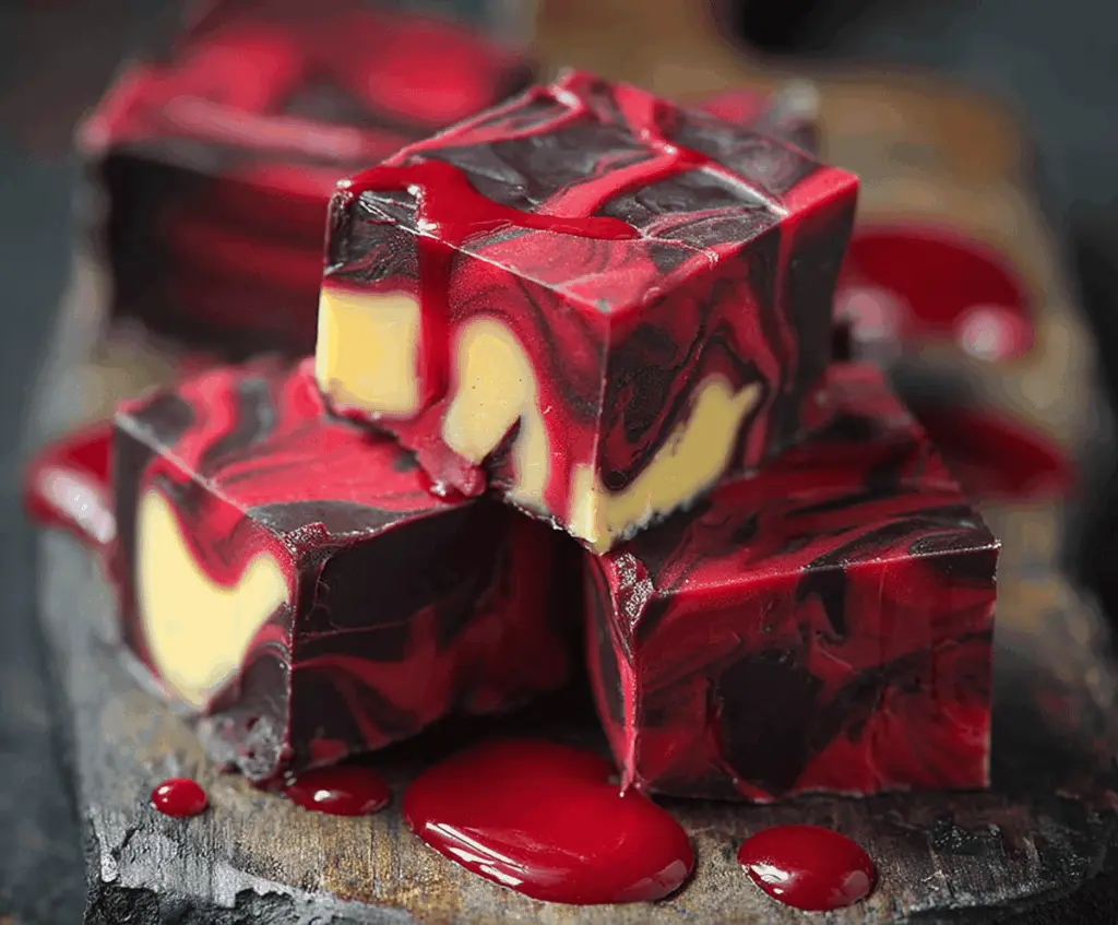 Delicious homemade Vampire Fudge with dark chocolate and red decorative accents, perfect for Halloween treats