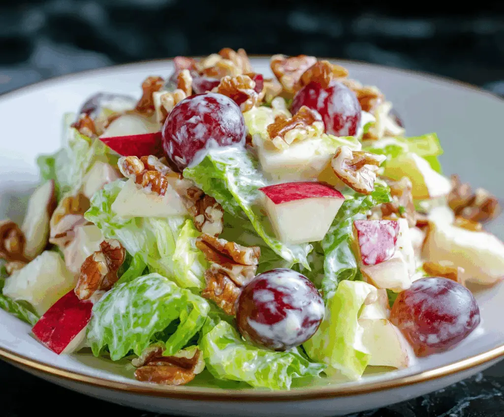 Delicious homemade Waldorf salad with fresh apples, grapes, walnuts, and celery on a white plate.