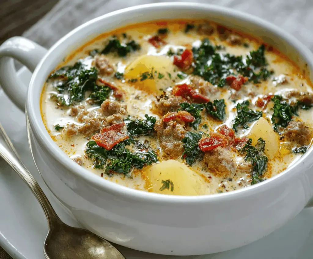 Creamy Zuppa Toscana soup with Italian sausage, kale, potatoes, and crispy bacon served in a bowl