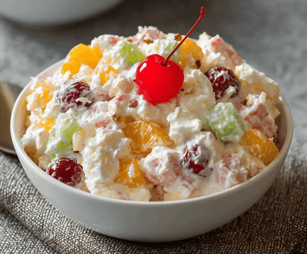 Light and fluffy ambrosia salad with fruit, coconut, and marshmallows in a glass bowl.